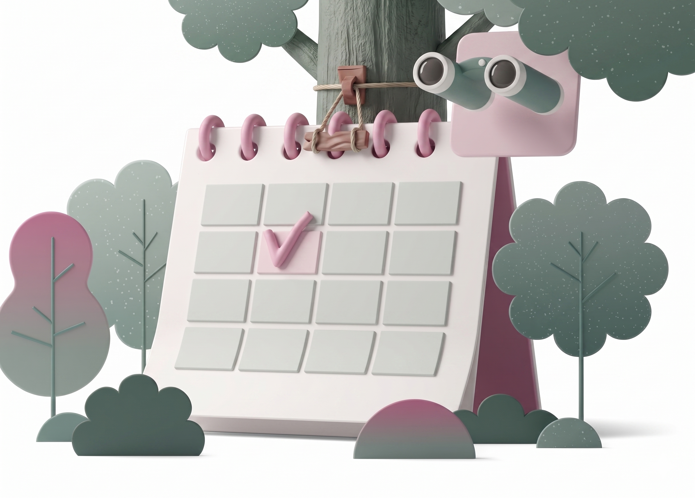 A calendar with a checkmark surrounded by trees and binoculars, in a natural outdoor setting
